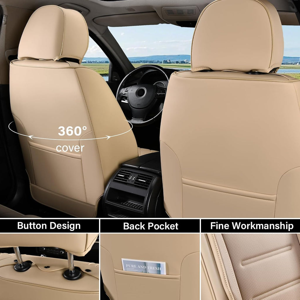 Coverado Car Seat Covers Full Set, Waterproof Car Seat Protector, Leather Seat Cushion, Universal Car Interior Covers Seat Protectors for Most Cars Beige