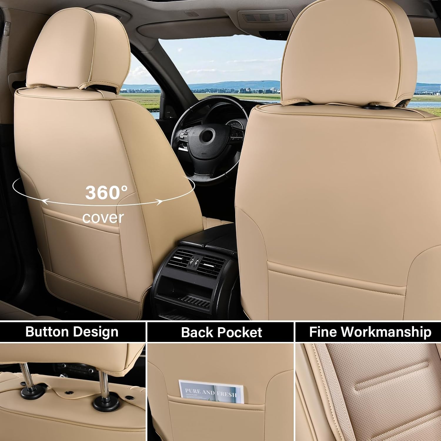Coverado Car Seat Covers Full Set, Waterproof Car Seat Protector, Leather Seat Cushion, Universal Car Interior Covers Seat Protectors for Most Cars Beige