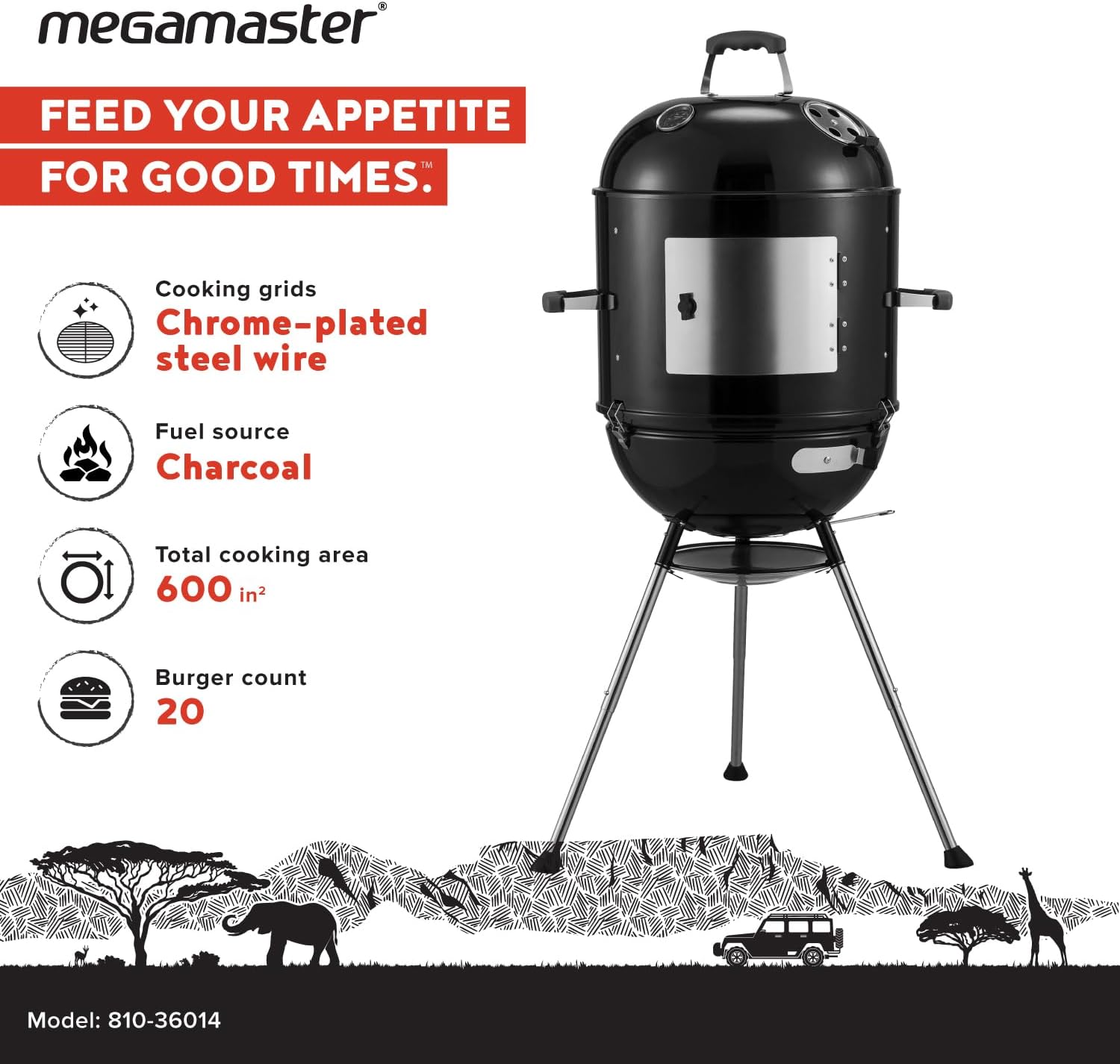 Megamaster Vertical 18 Inch Charcoal BBQ Smoker, 4-in-1 Portable Outdoor Grill with Adjustable Air Vent, 600 SQ. In Cooking Area, Built-in Temperature Gauge, BBQ Grill for Camping, Picnics - 810-36014