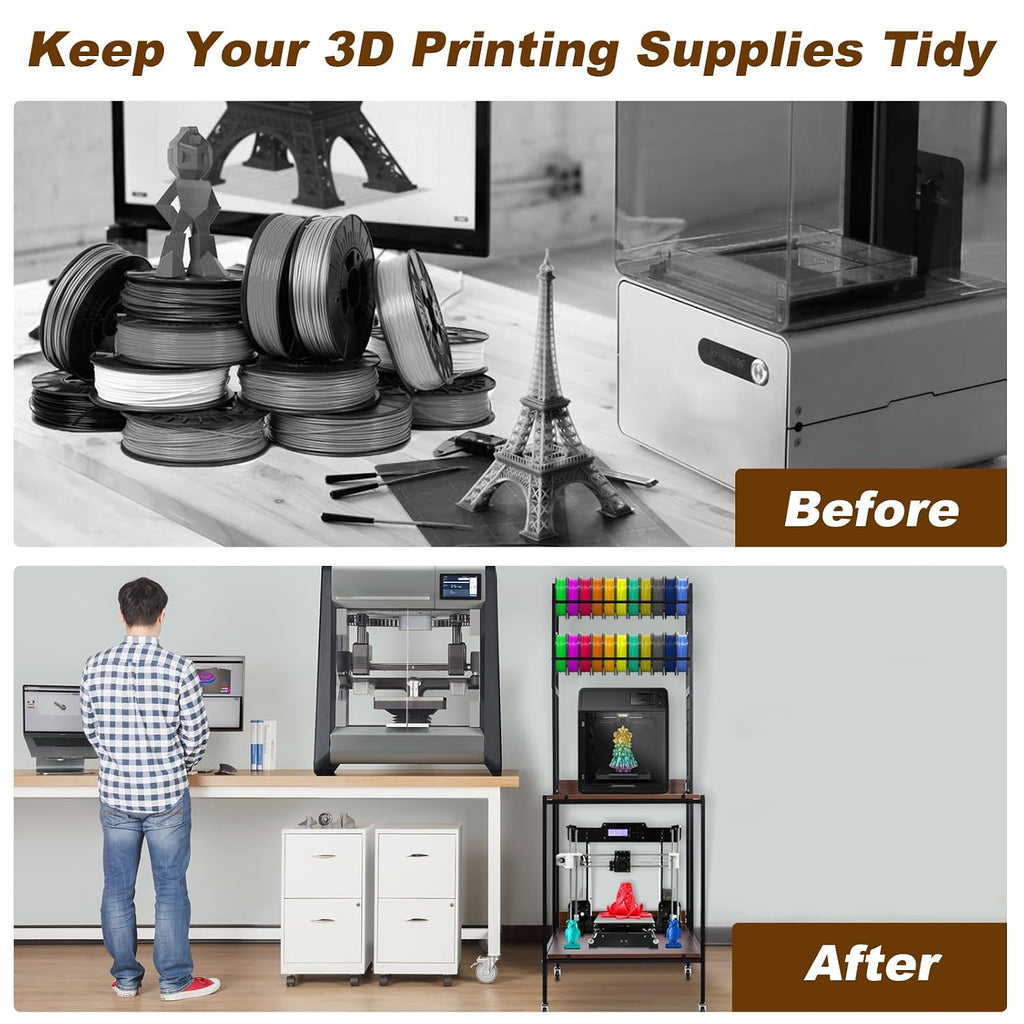 3D Printer Table Stand 2 Layer Rolling 3D Printer Filament Storage Desk Rack Heavy Duty Mobile Table with Feet & Locked Wheels for PL.A ABS PET.G Studio Office Workshop Storage Organization