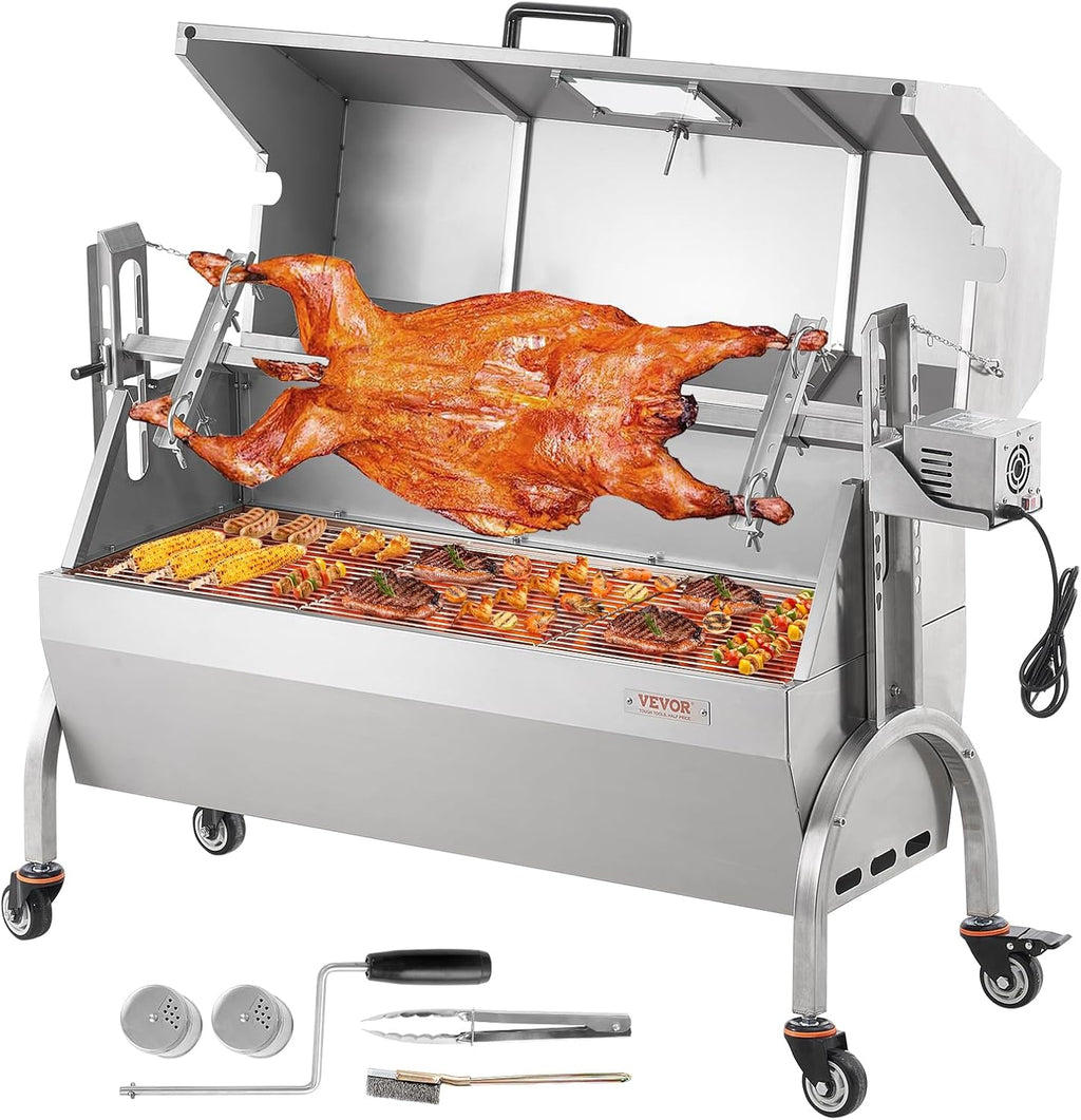 VEVOR Rotisserie Grill with Hooded Cover Roaster, 46 Inch 198Lbs Capacity, BBQ Outdoor Pig Lamb Rotisserie Roaster, Electric 52W Motor Stainless Steel Roasterfor Camping Outdoor Barbecue