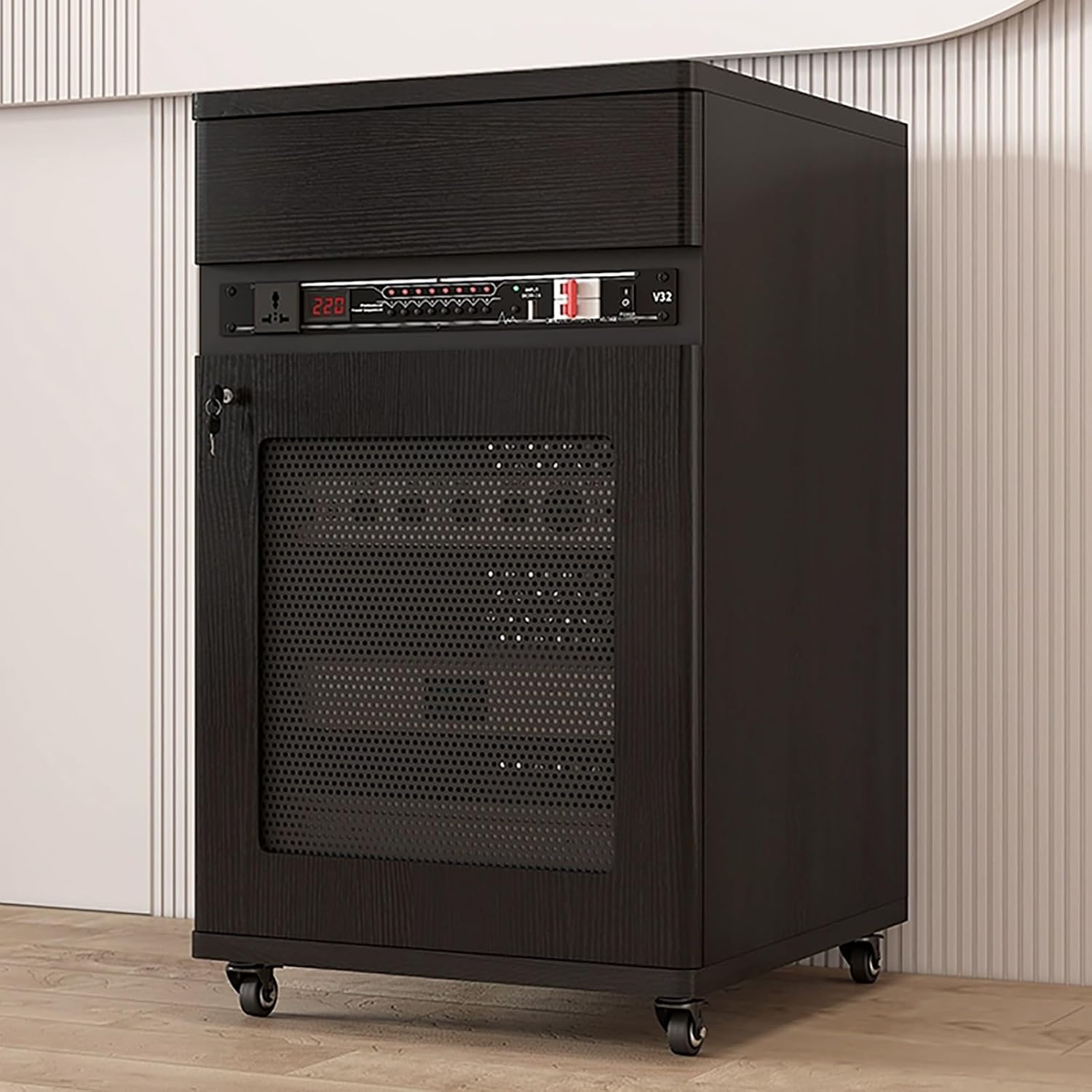 Modern Media Storage Cabinet on Wheels, Lockable AV Cabinet with Drawer, Adjustable Shelves & Cable Management, Black, 52x55x90cm - Ideal for Stereo Equipment & Home Entertainment