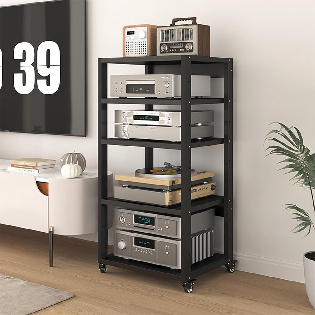 5-Tier Audio/Video Stand with Wheels - Multifunctional Media Cabinet for Home & Office, Holds Amplifiers, DVD/CD Players, Stereo Equipment, Open Storage Shelf (50x40x110cm)