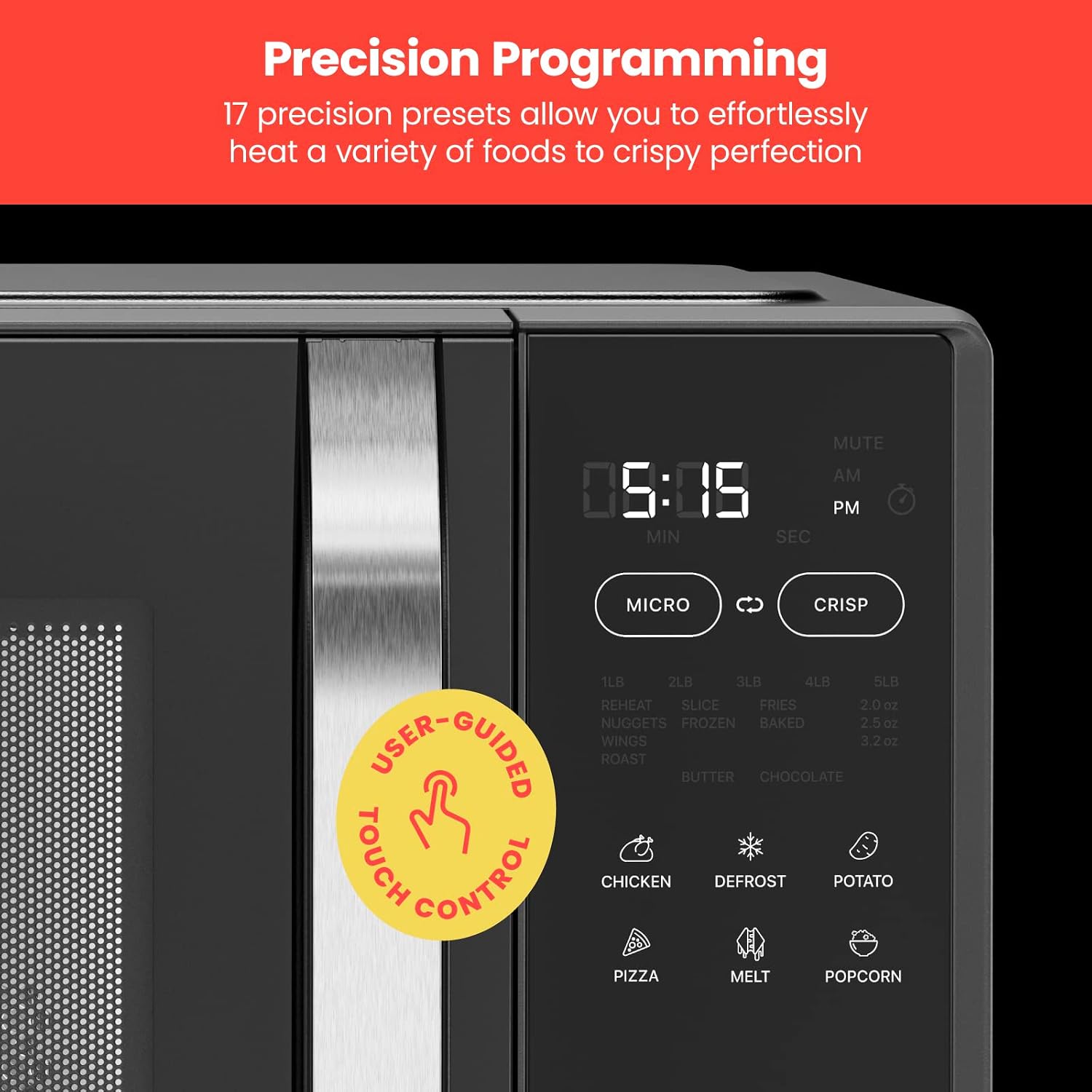 Chefman MicroCrisp Countertop Digital Microwave Oven, Unique 'Cook & Crisp' Power Combo, 1.0 Cu Ft, Dual-Cook 1000W Microwave + 1500W Crisper, 6 Touch Presets, Digital Display, Stainless Steel Handle