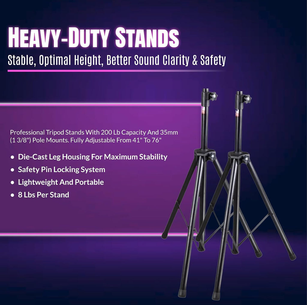 MUSYSIC Portable PA System with Wireless UHF Microphone, 10' Powered PA Speakers, Party DJ Speakers, 2000W Built-in Amplifier w/6 Channel Audio Mixer System, 800W Powered Speaker, Dual Tripod Stands
