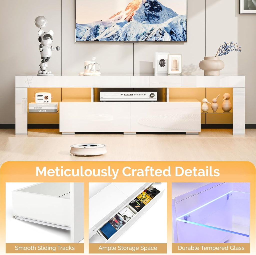 VINGLI LED TV Stand, 63'' High Glossy Modern Entertainment Center with Remote Control 20-Color LED Lights and 2 Large Storage Draws for 55/60/65/70 Inch TV (White, 63''L x 14''W x 18''H)