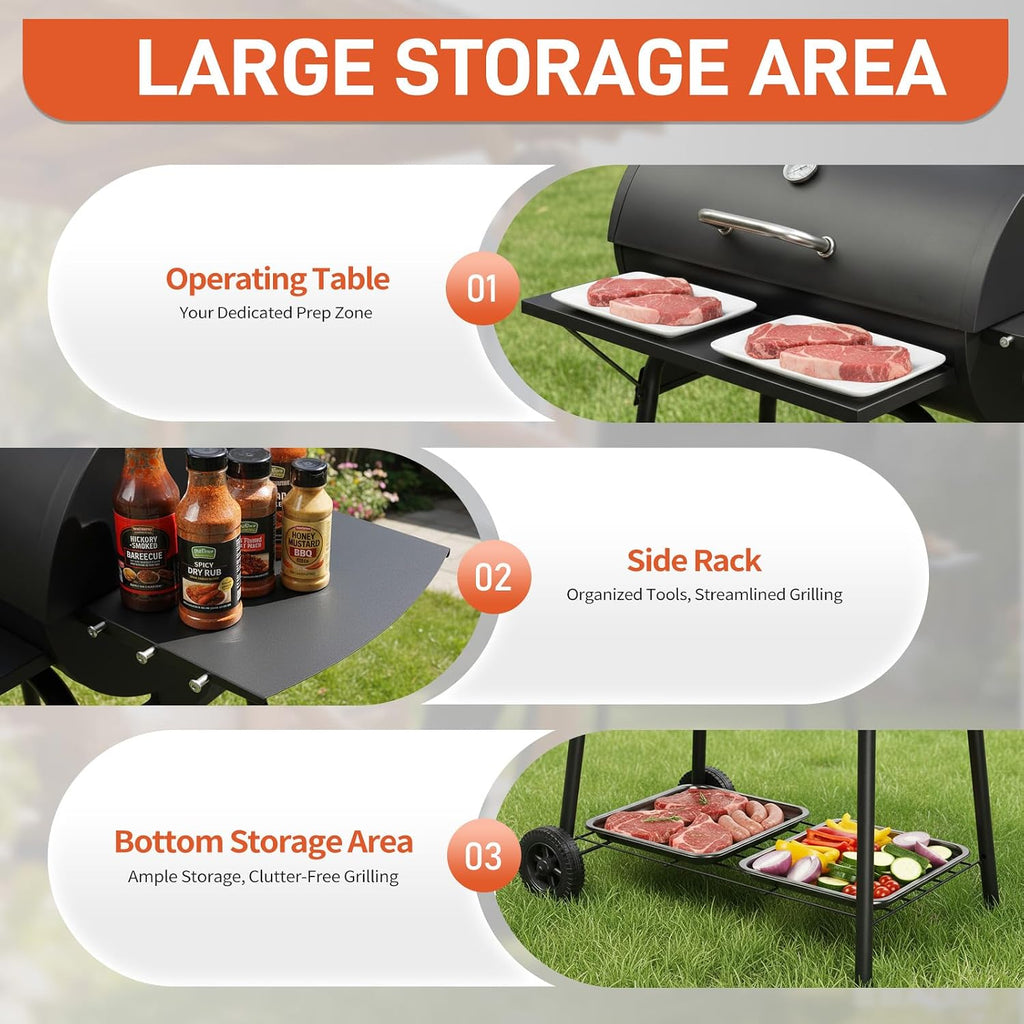 VINGLI Upgraded Barrel Charcoal Grill with Side Front Tables, Adjustable Charcoal Tray BBQ Grill Outdoor Smoker Grill with Wheels for Party Garden Patio and Backyard Cooking 39''D × 24''W × 46''H