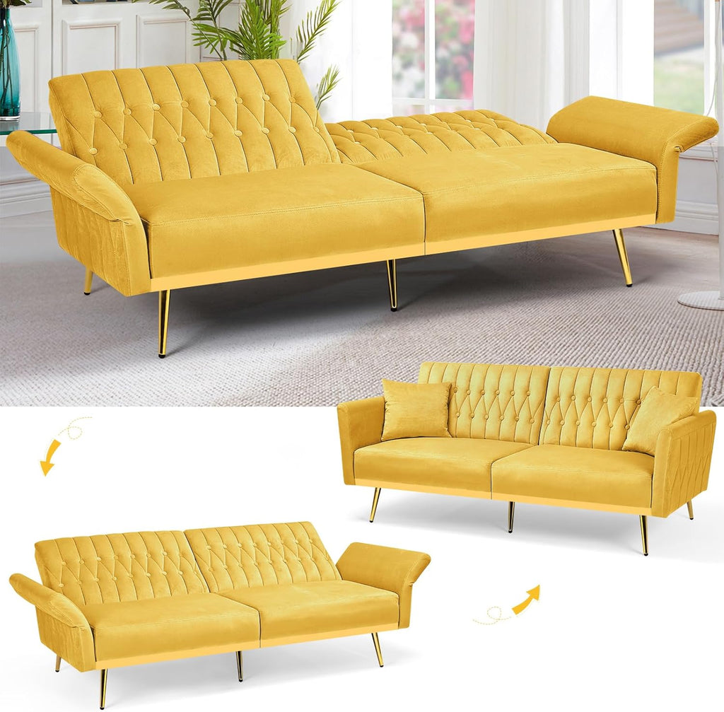 70' Velvet Futon Sofa Bed w/Adjustable Armrests & 2 Pillows, Convertible Futon Couch w/Adjustable Backrests, Modern Sleeper Bed for Living Room, Bedroom, Yellow