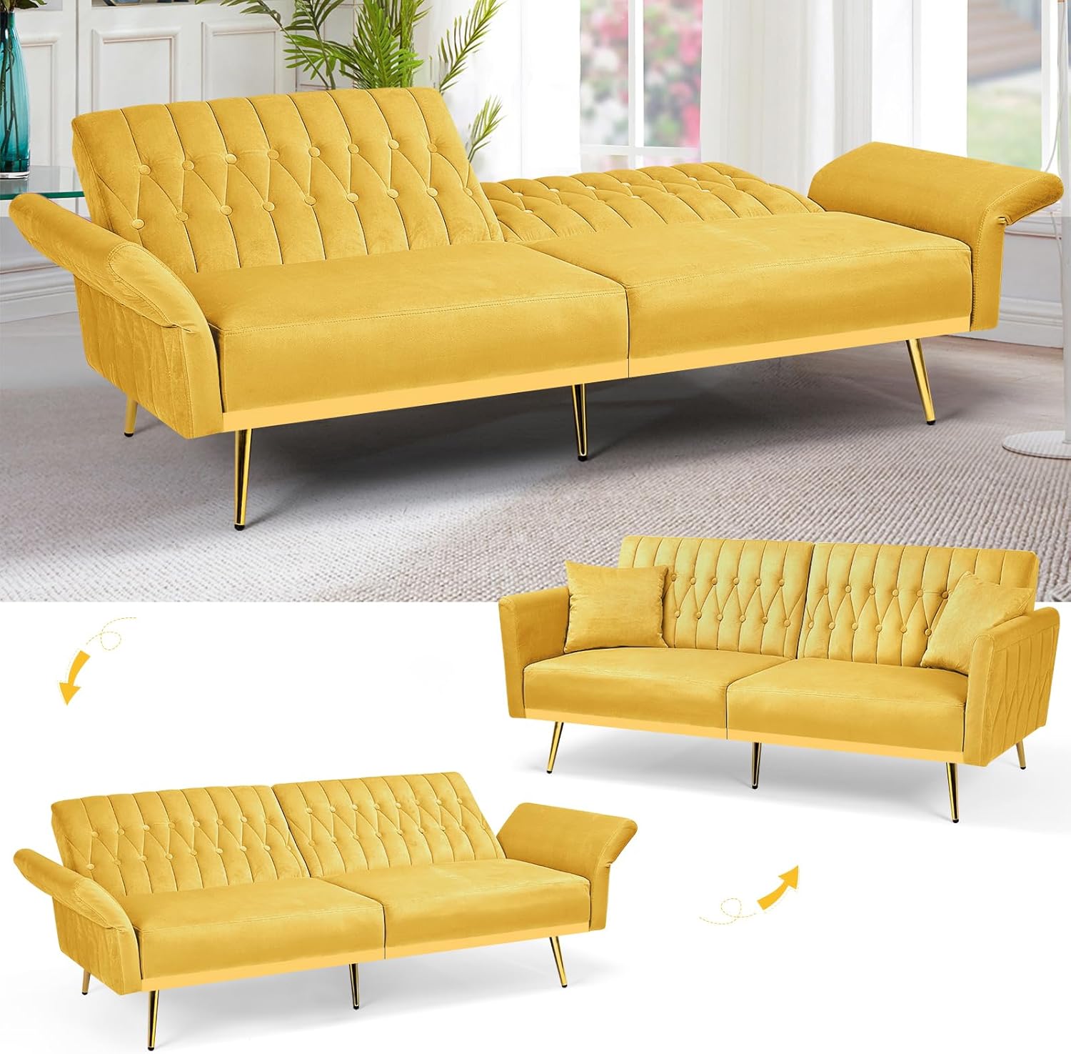 70' Velvet Futon Sofa Bed w/Adjustable Armrests & 2 Pillows, Convertible Futon Couch w/Adjustable Backrests, Modern Sleeper Bed for Living Room, Bedroom, Yellow