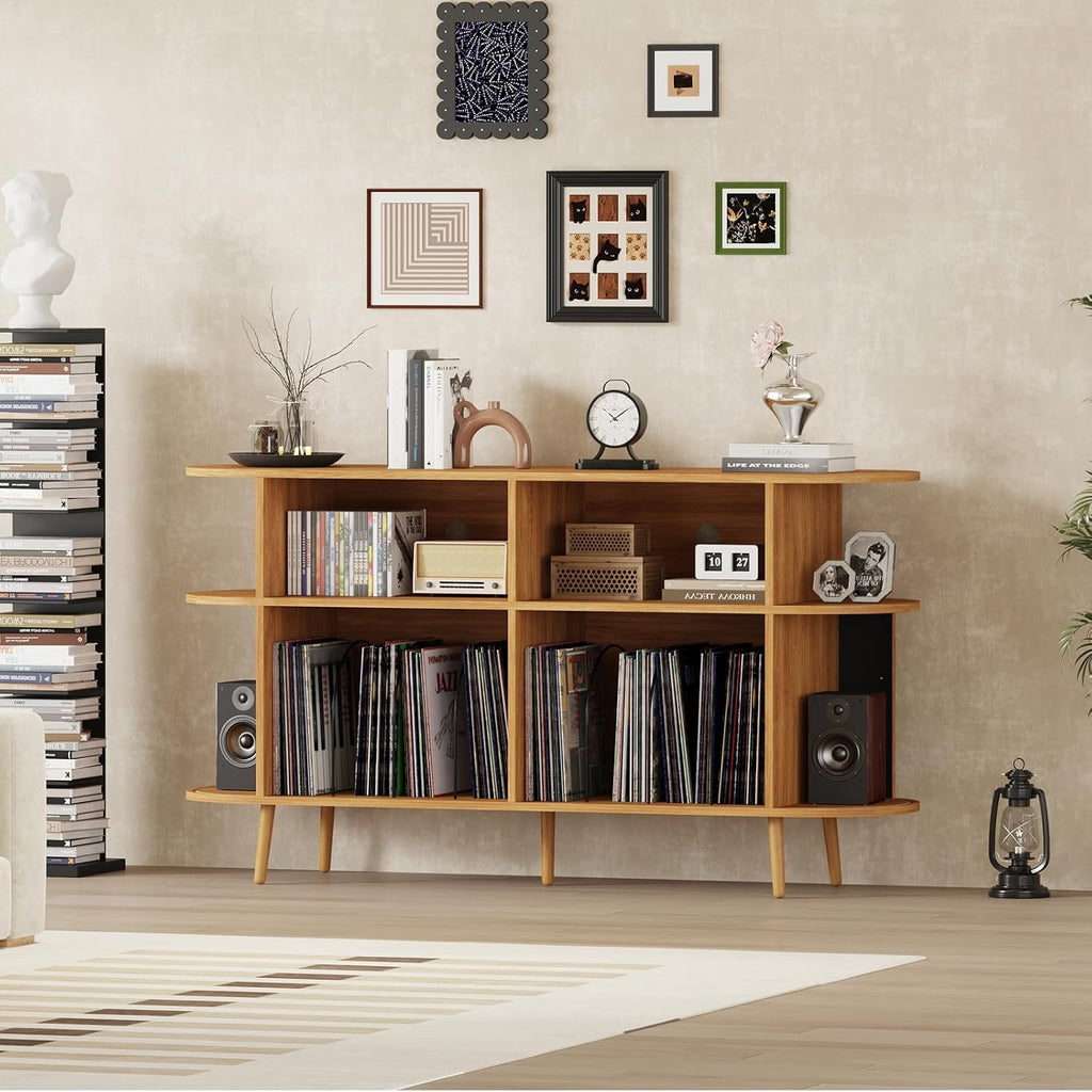 55.1' Wide Record Player Stand with Storage - Vinyl Record Storage Cabinet & Media Console Holds 300+ Records, Mid Century Modern Turntable Stand for Living Room (Natural, 55.1')