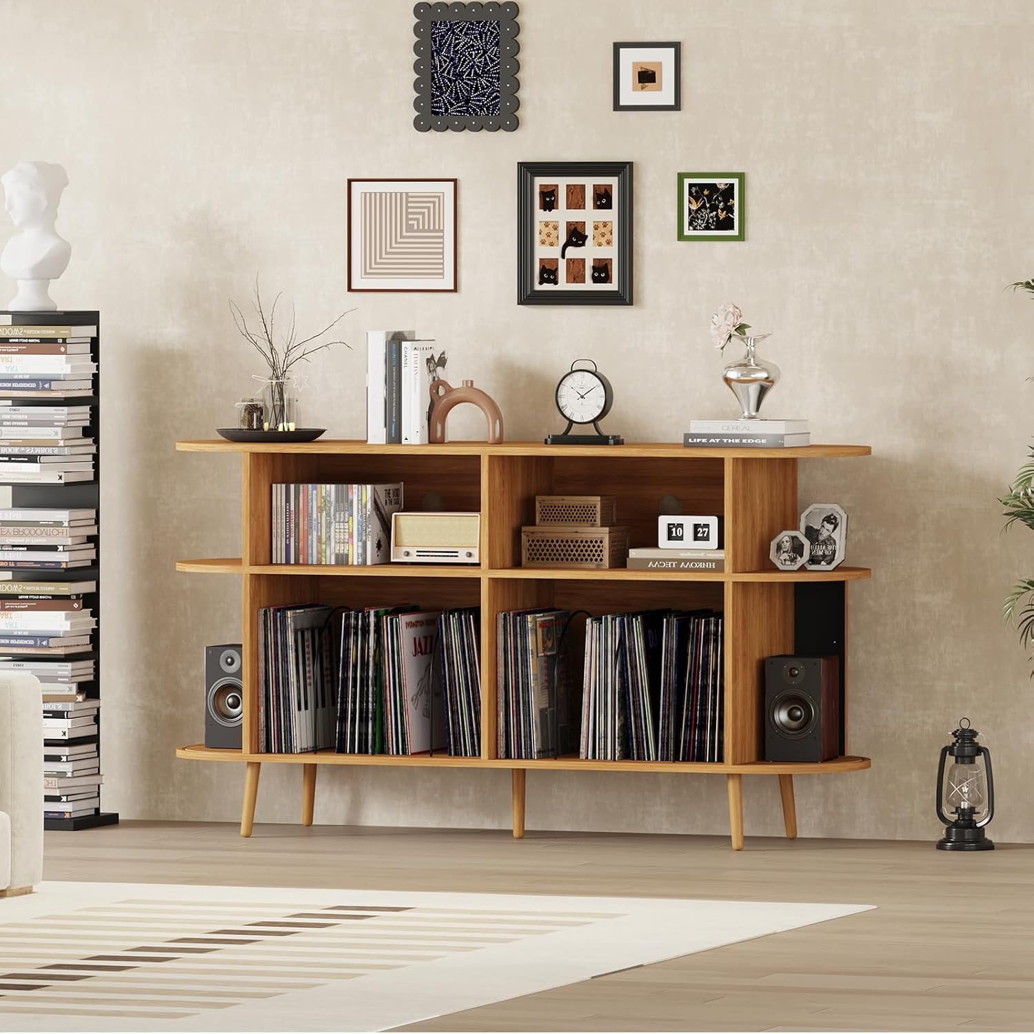 55.1' Wide Record Player Stand with Storage - Vinyl Record Storage Cabinet & Media Console Holds 300+ Records, Mid Century Modern Turntable Stand for Living Room (Natural, 55.1')