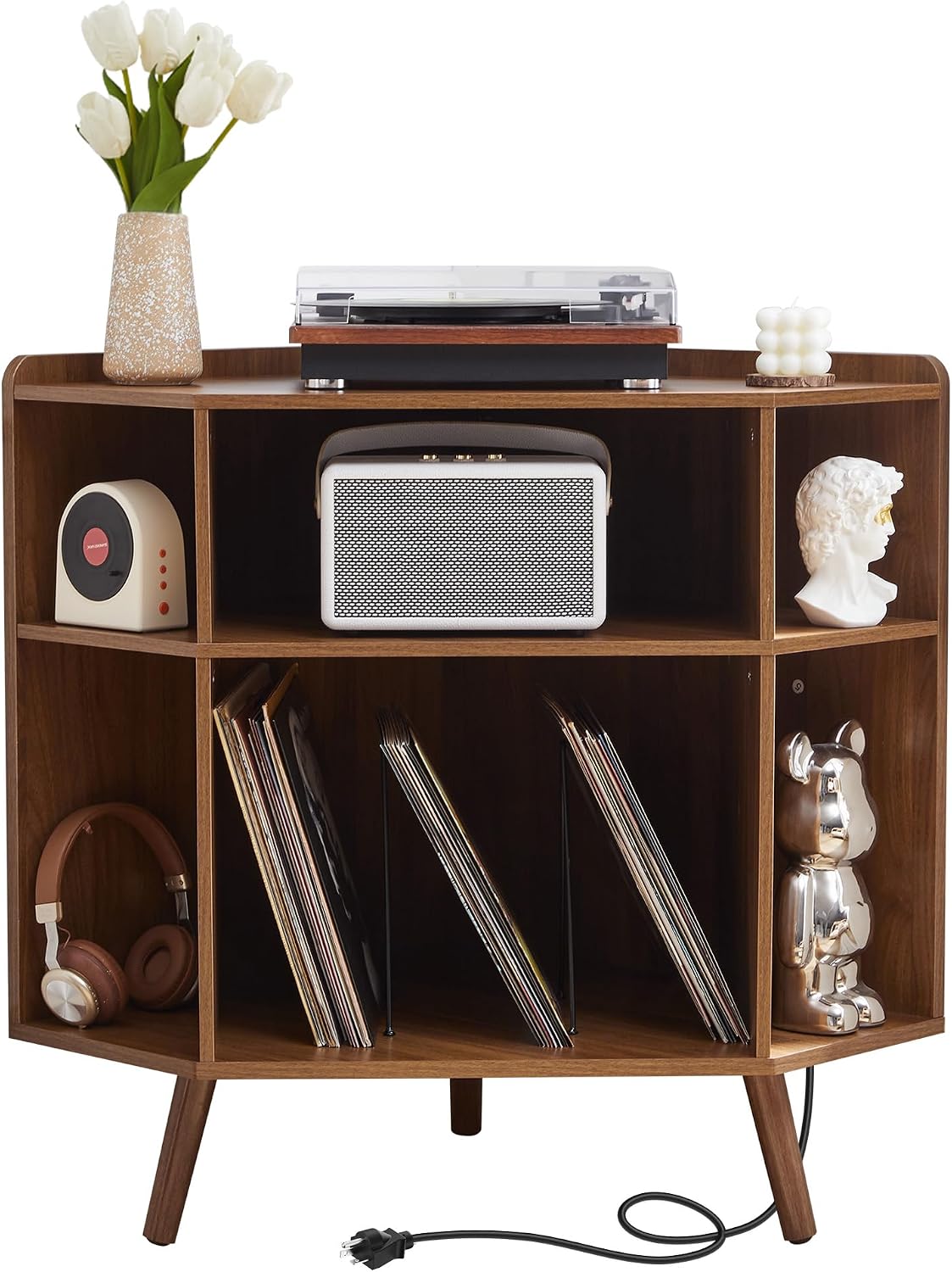 Corner Record Player Stand with Charging Station & USB Ports, 3 Tier Mid Century Modern Vinyl Record Storage Cabinet, Wood Turntable Stand for Music Room, Living Room, Small Space (Walnut)