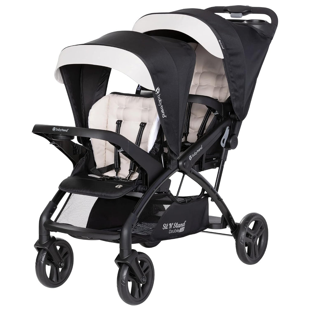 Baby Trend Sit N' Stand Tandem Double Stroller 2.0 DLX and 5 Point Safety Harness, Shaded Canopy, Storage Compartment, and 2 Cup Holders, Modern Khaki