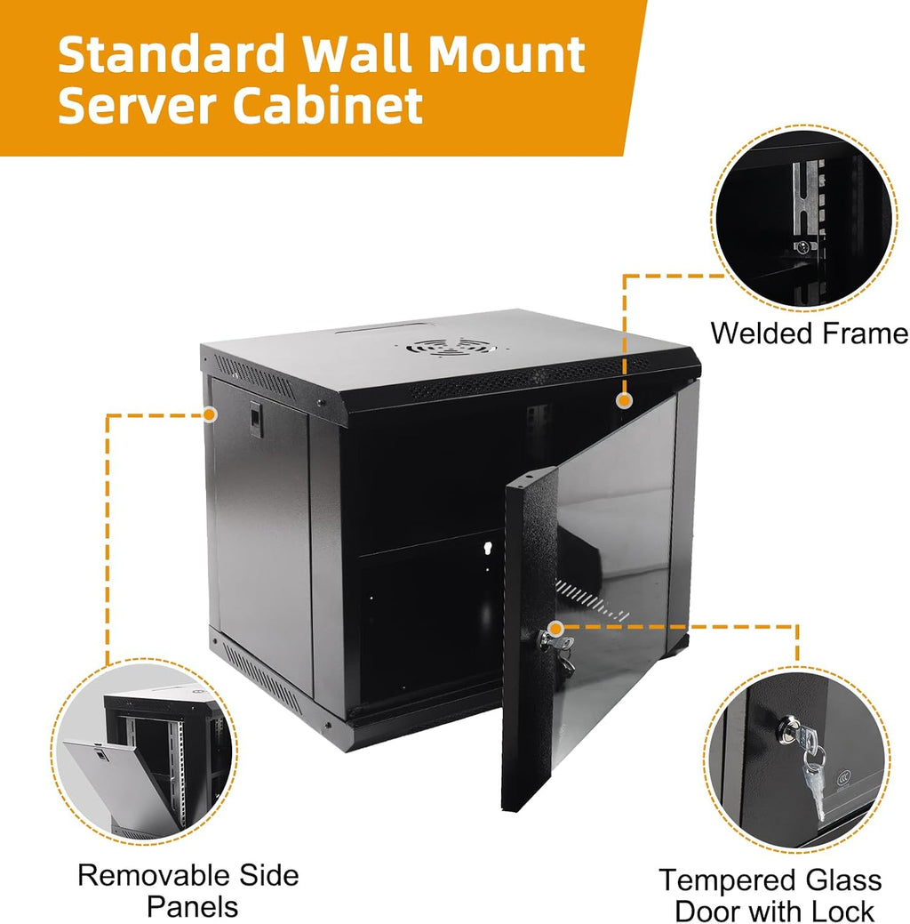 9U Wall Mount Network Server Cabinet with Glass Door, Locks, Removable Side Panels, for IT Equipment, A/V Devices