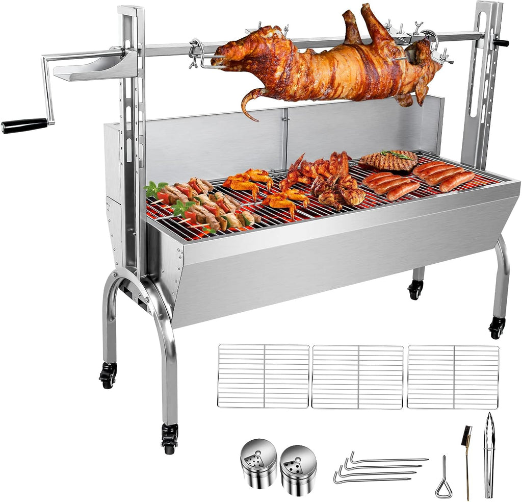 176LBS Stainless Steel Rotisserie Grill Roaster Small Pig Lamb with Back Cover Guard 25W Motor for Camping Outdoor BBQ Silver