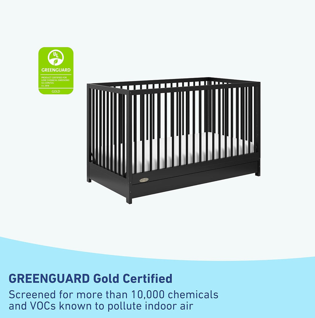 Graco Teddi 5-in-1 Convertible Crib with Drawer – GREENGUARD Gold Certified, Full-Size Nursery Storage Drawer, Baby Crib Converts to Toddler Bed, Daybed and Full-Size Bed (Black)