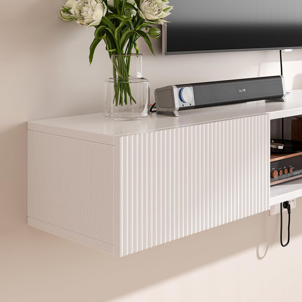 55 inch Plywood Floating TV Stand, Wall Mounted Media Console with Fluted Doors, Mid-Century Modern Entertainment Center, Space-Saving Hanging Cabinet for Living Room,White