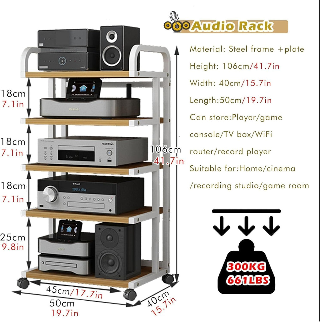Heavy Duty Wooden Av Media Stand/Hi-fi Rack AudioTower W/Wheels, 5 Tier Audio Rack, for Vocals/Record Player/Stereo Receiver, Electronics Equipment Shelf