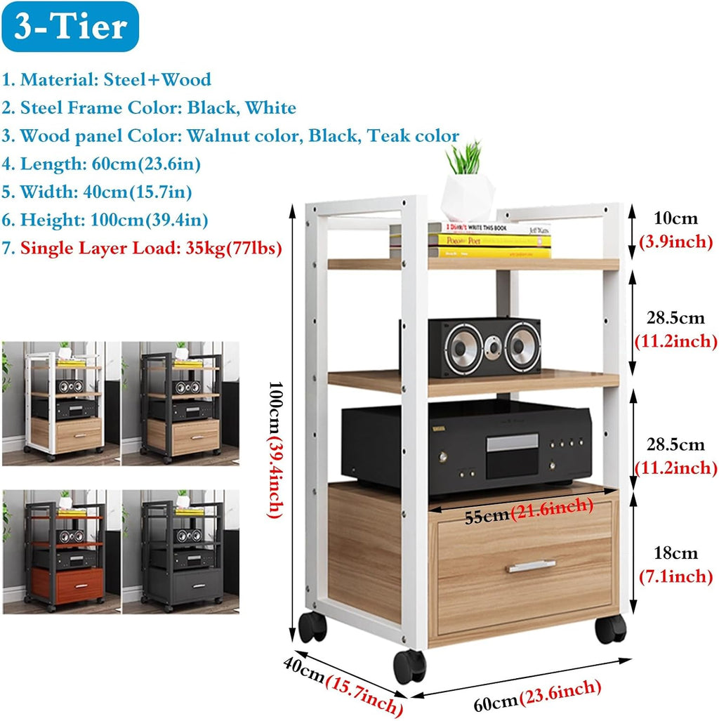 1m Tall Mobile Audio Rack Shelf, Amplifier Holder Cabinet for Recording Room/Home Cinema Media Equipment Storage, Multiple Shelf Entertainment Stand - Black White(B,3 Tier)