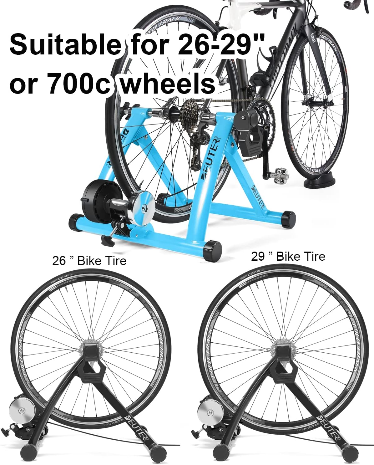 Bike Trainer, Magnetic Bicycle Stationary Stand for Indoor Exercise Riding, 26-29' & 700C Wheels, Quick Release Skewer & Front Wheel Riser Block Included