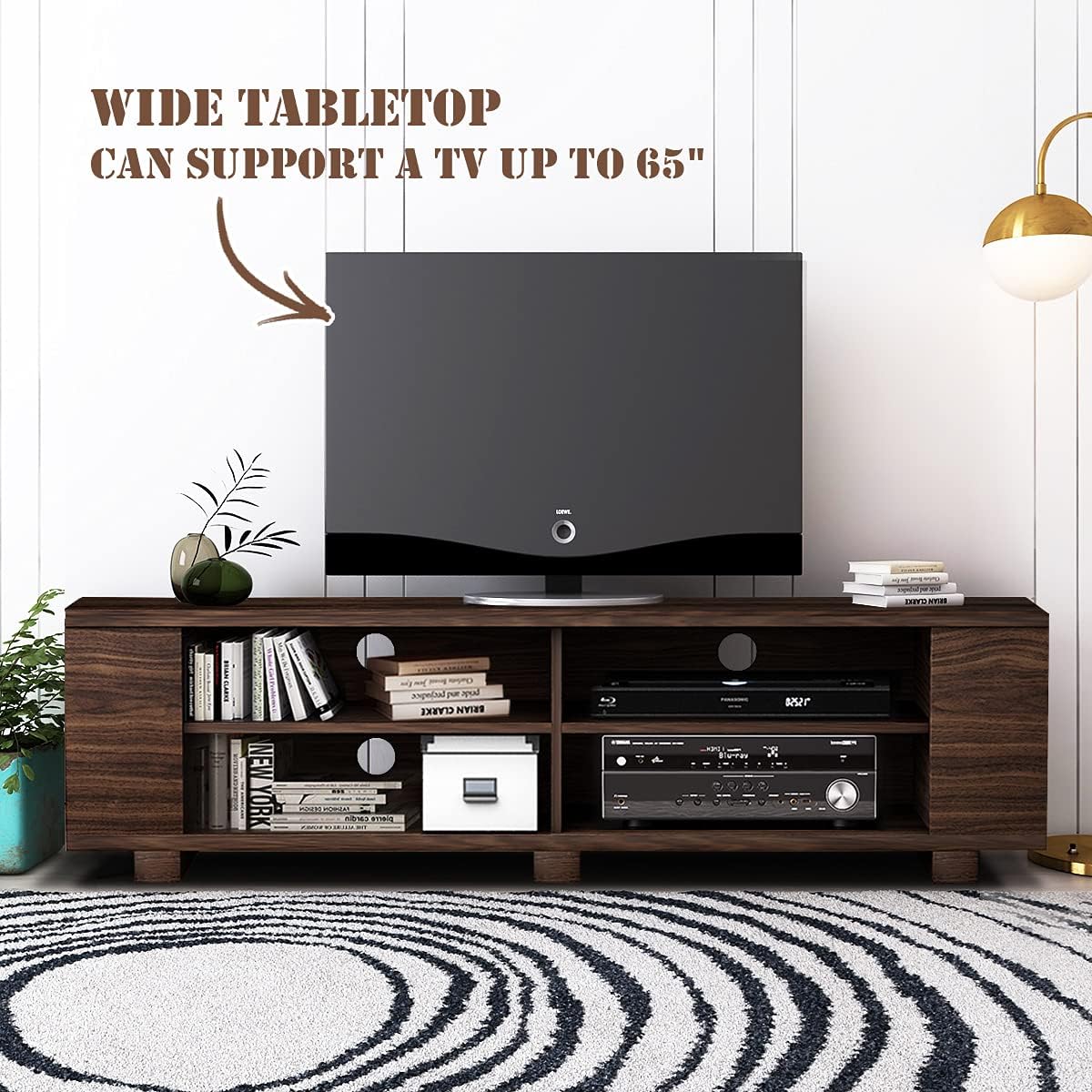 Tangkula Wood TV Stand for TVs up to 65 Inch Flat Screen, Modern Entertainment Center with 8 Open Shelves, Farmhouse TV Storage Cabinet for Living Room Bedroom, TV Console Table (Brown)