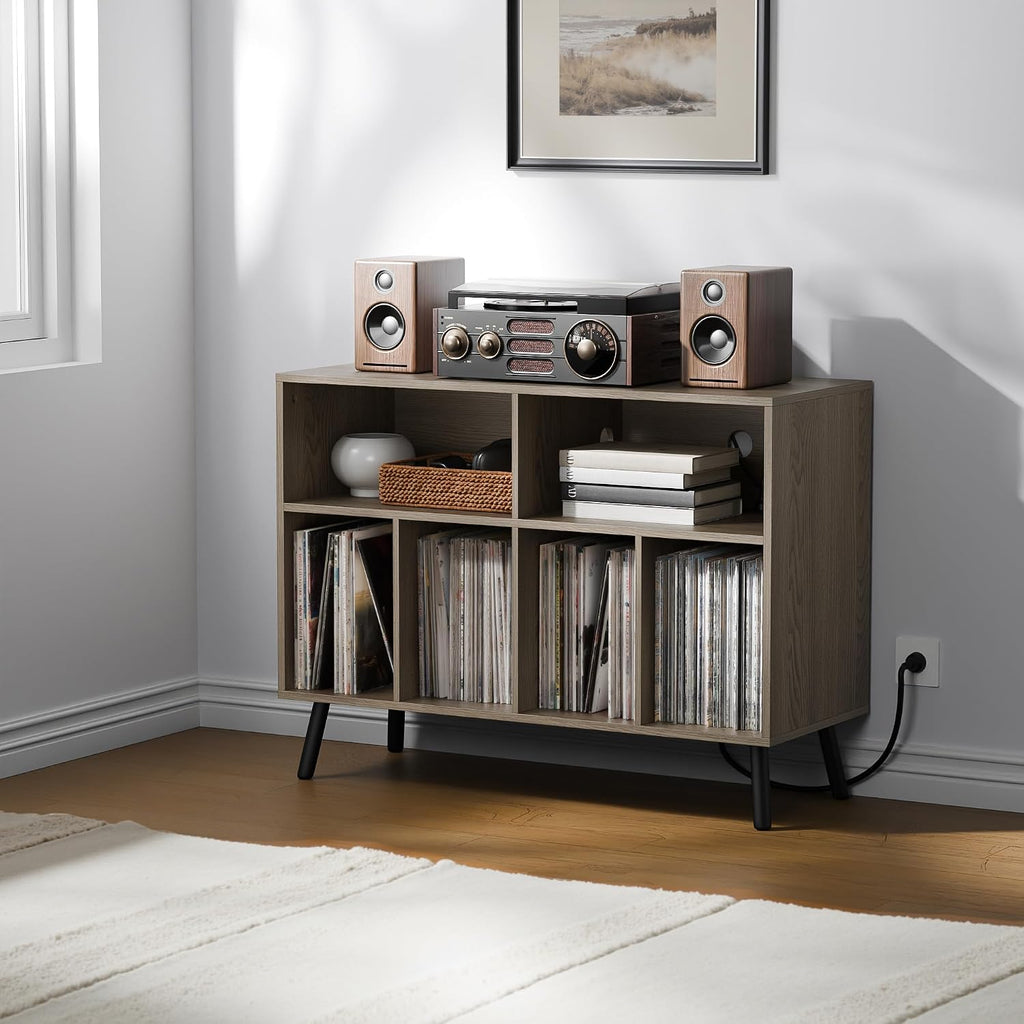 Cozy Castle Record Player Stand with Vinyl Storage Cabinet, Wood Turntable Table Open Shelf Holder Up to 350 Albums Cube Storage Organizer for Living Room, Office, Gray