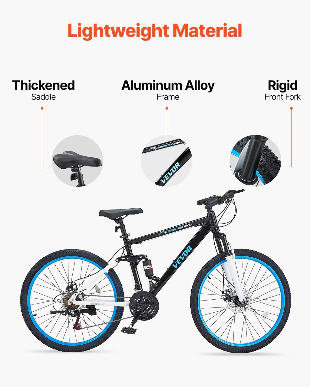 VEVOR Mountain Bike for Men/Women, 20'/26'/29' Sizes, 7/21/24 Speed Twist Shifting, Front or Dual Suspension, Dual Disc Brakes, Comfort Saddle, Sleek Colors