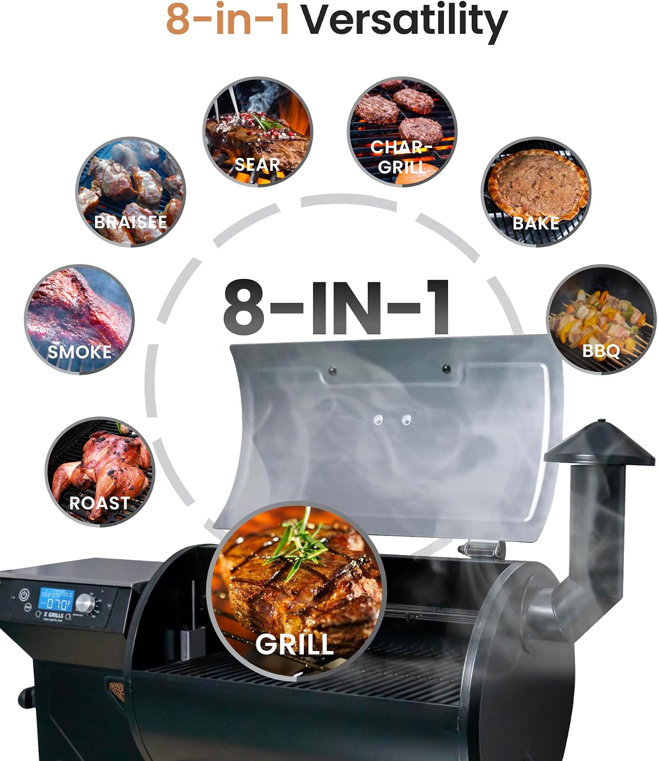 Z GRILLS Pellet Smoker Grill, Versatile 8-in-1 Cooking, Upgrade PID 3.0 Digital Controller, All-terrain Wheels with Locking Casters, 459 SQ.IN Cooking Area, Hopper Cleanout, Meat Probe, Rain Cover
