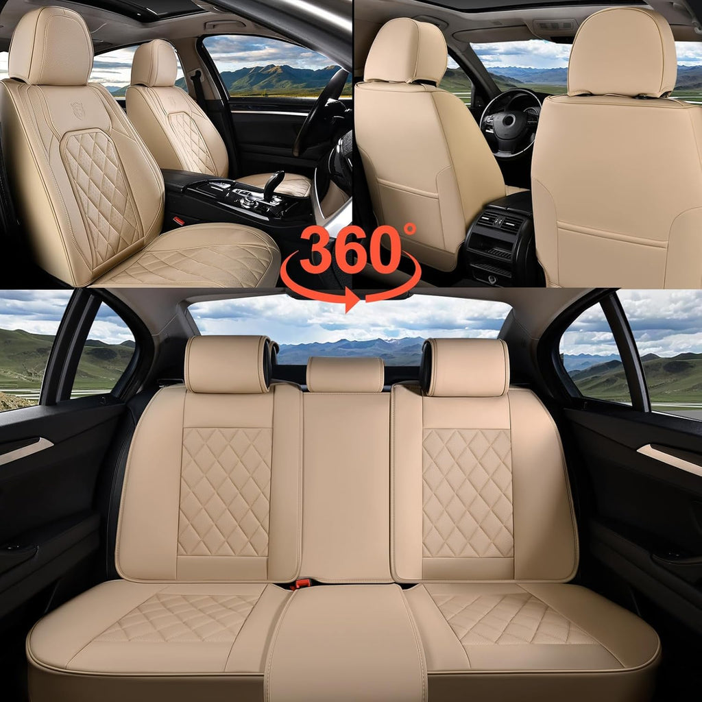 Coverado Car Seat Covers Full Set, Luxury Faux Leather Waterproof Seat Cover, 5 Seat Universal Seat Covers for Cars, Front and Back Car Seat Protector, Beige Leather Seat Cover Fit for Most Cars