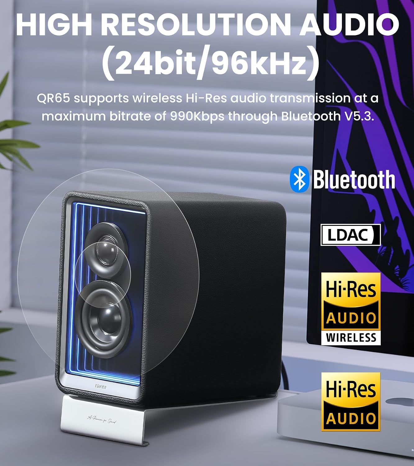 Edifier QR65 Desktop Active Monitor with 2.75' Long-Throw Aluminum Diaphragm mid-Low Drivers, Hi-Res Audio, Brilliant Light Effects, 70W Output Power Bluetooth Speakers with Stands - Black