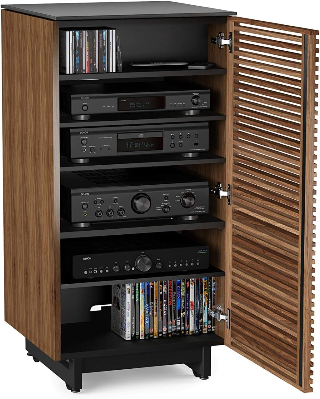 BDI Furniture Corridor 8172-22'' Audio Cabinet with Flow-Through Ventilation, Cable Management, Adjustable Shelves, Louvered Doors, Satin-Etched Tempered Glass Top, Natural Walnut