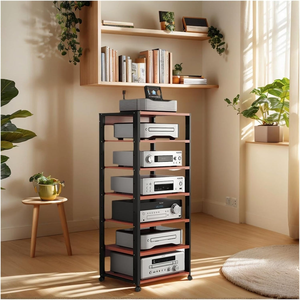 7-Tier HiFi Stand, Movable AV Media Cabinet, Modern Teak Audio Equipment Organizer for Home & Office Storage, Sturdy Component Shelf 55x40x131cm