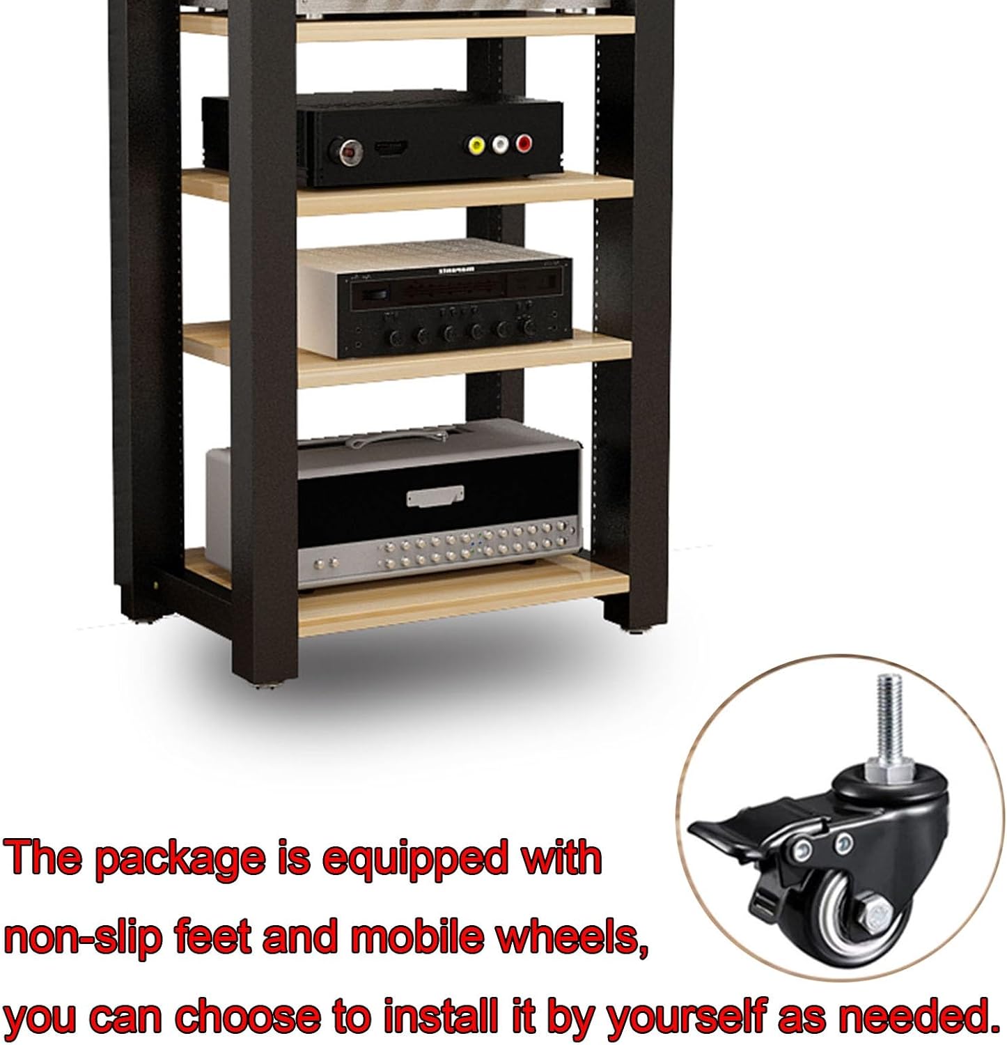 SOBS 5-Tier Media Stand Audio/Video Component Cabinet CD Player Stand Stereo Equipment Storage Rack with Height Adjustable Wooden Shelf for Home/Office/Theater, 60x51x100cm (Color : A)