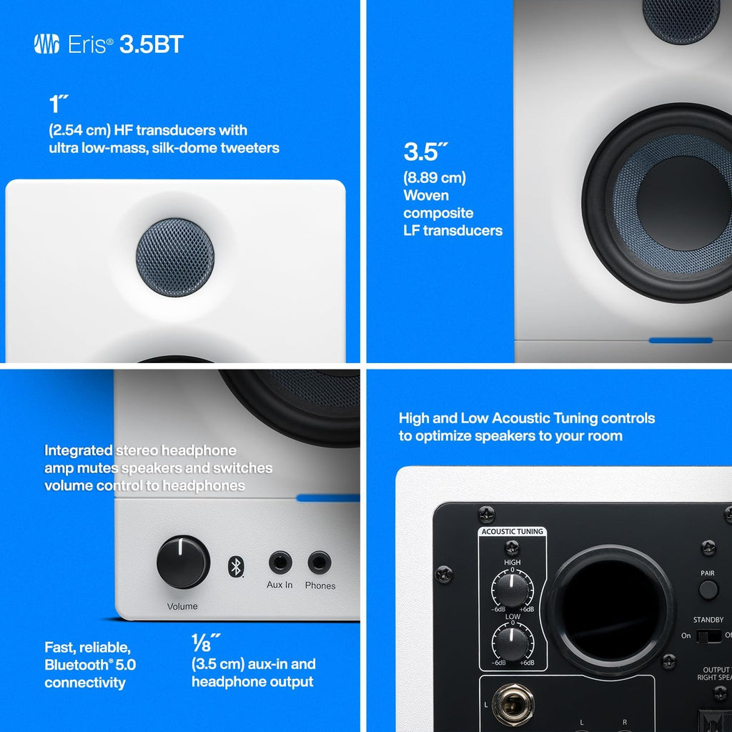 PreSonus Eris 3.5BT Studio Monitors, Pair — 3.5' Inch Powered Speakers, Bookshelf Speakers, Stereo, Desktop Computer, Near Field Music Production, Audio Mixing Recording