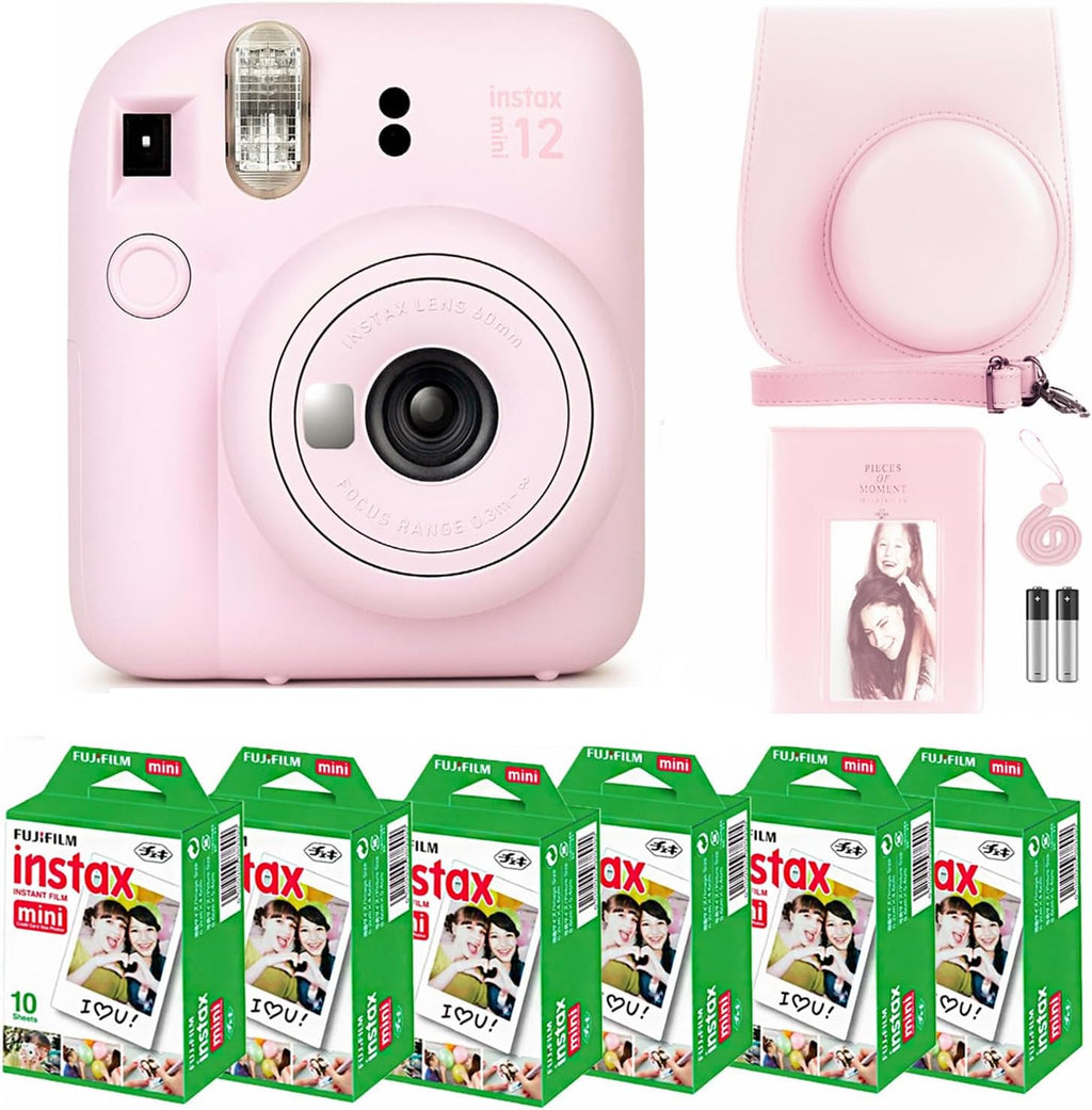 Fujifilm Instax Mini 12 Instant Camera Blossom Pink and Fuji Film Value Pack (60 Sheets) Bundle with Sturdy Tiger Accessories, Carrying Case, Photo Album 64 Pockets