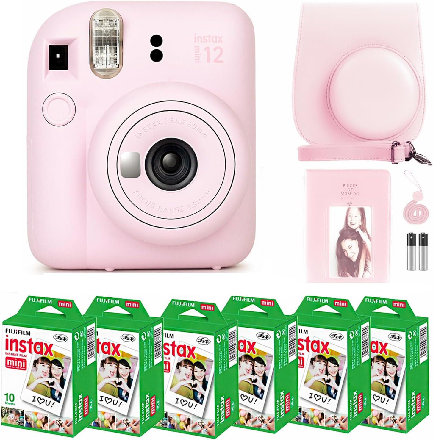 Fujifilm Instax Mini 12 Instant Camera Blossom Pink and Fuji Film Value Pack (60 Sheets) Bundle with Sturdy Tiger Accessories, Carrying Case, Photo Album 64 Pockets