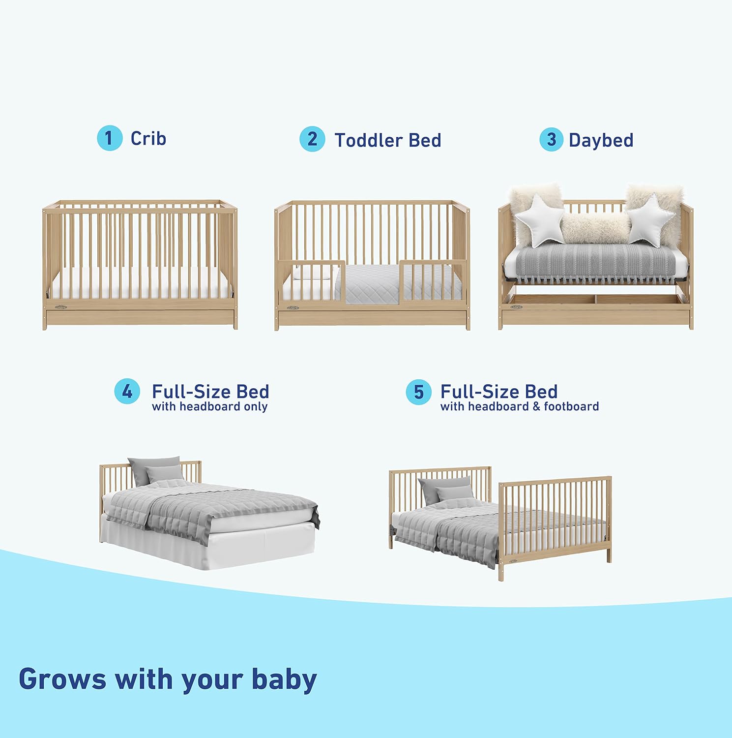 Graco Teddi 5-in-1 Convertible Crib with Drawer – GREENGUARD Gold Certified, Full-Size Nursery Storage Drawer, Baby Crib Converts to Toddler Bed, Daybed and Full-Size Bed (Driftwood)
