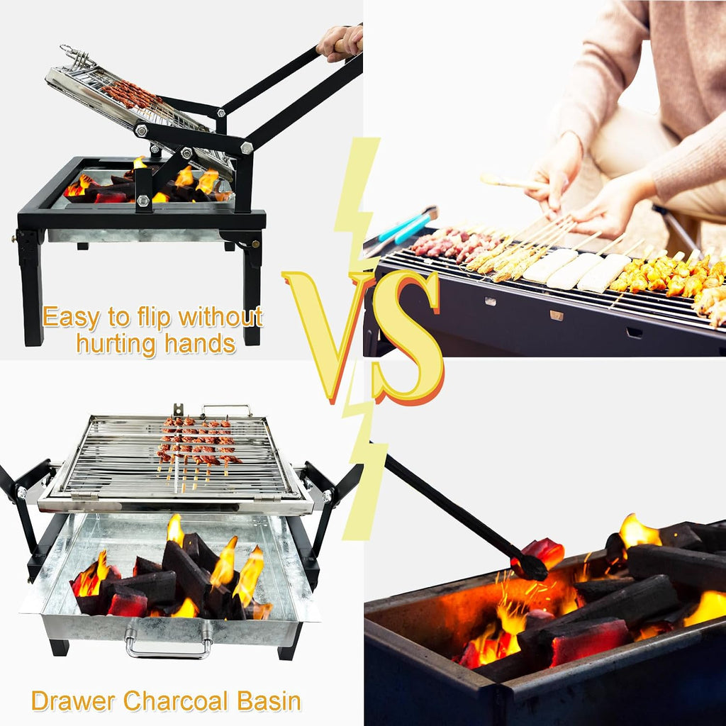 Rotating BBQ Grill, Foldable Flipping Charcoal Grill with 360 Degree Rotating Cooking Grille, Cooking Grill with Adjustable Tray, Suitable for Outdoor Camping Picnicking Backyard Garden Parties