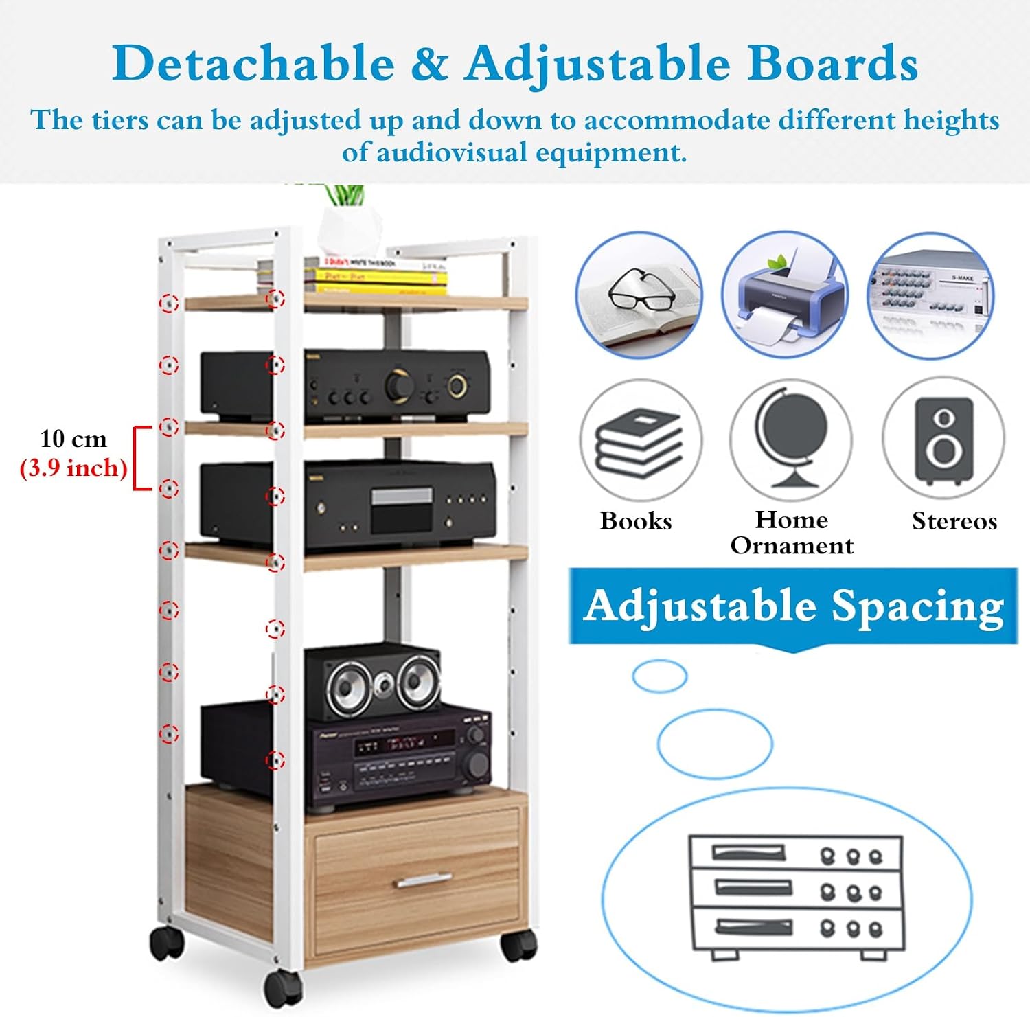 1m Tall Mobile Audio Rack Shelf, Amplifier Holder Cabinet for Recording Room/Home Cinema Media Equipment Storage, Multiple Shelf Entertainment Stand - Black White(Deep Coffee,4 Tier)