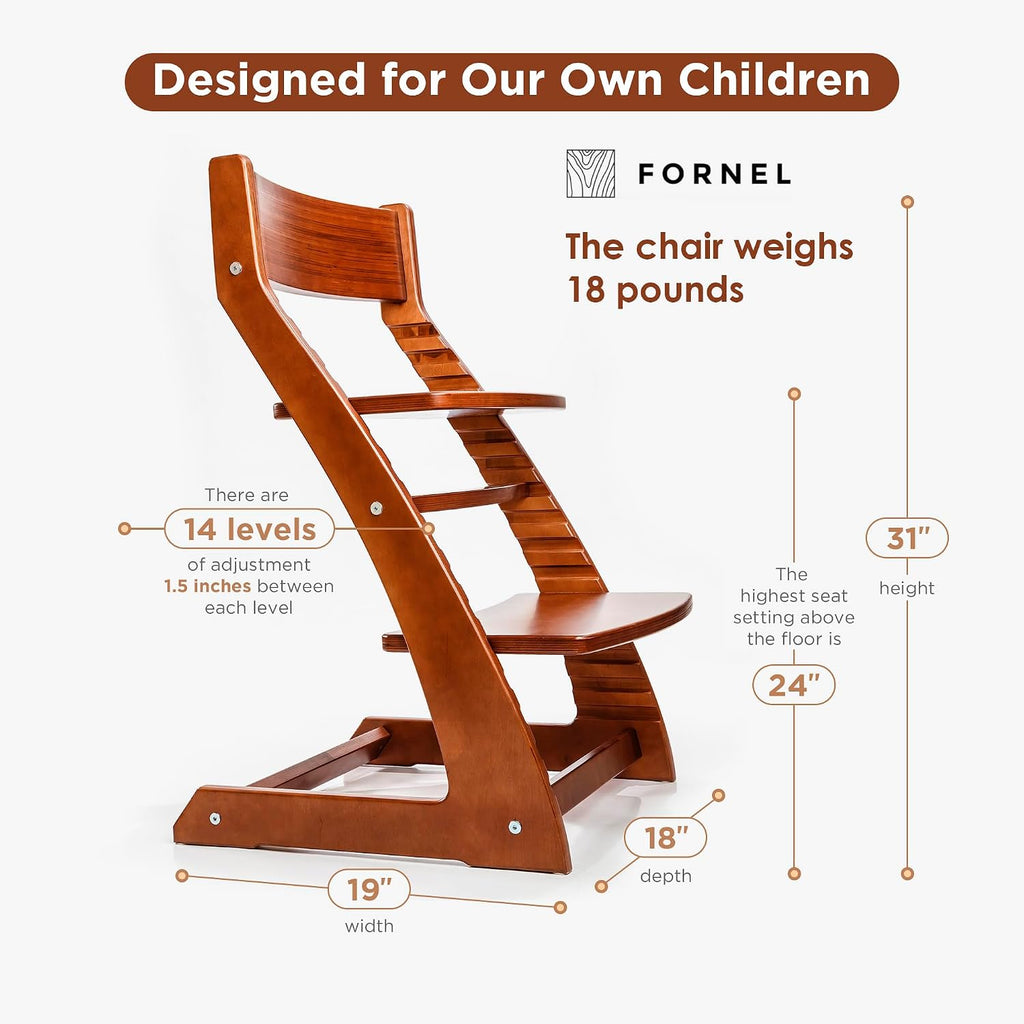 FORNEL Adjustable Wooden High Chair for Babies, Toddlers & Kids | The Grow-with-Me Chair from 6 Months to 200 lbs | Modern, Easy to Clean Dining Chair (Walnut)