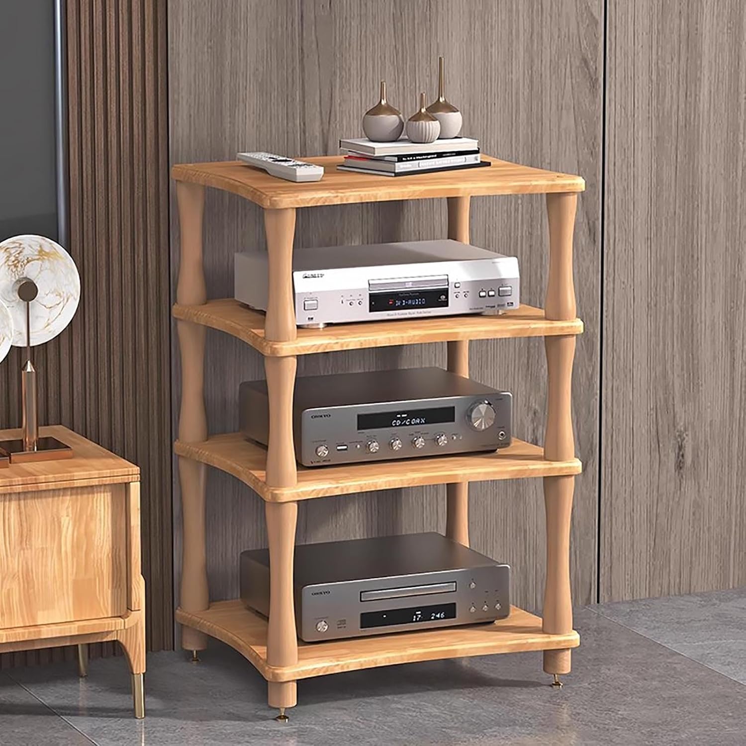 4-Tier Shelves Audio Video Media Stand Cabinet, Audio Cabinet Rack Furniture with Storage Shelving, Stereo Rack System for Speakers DVD Console(Beige)