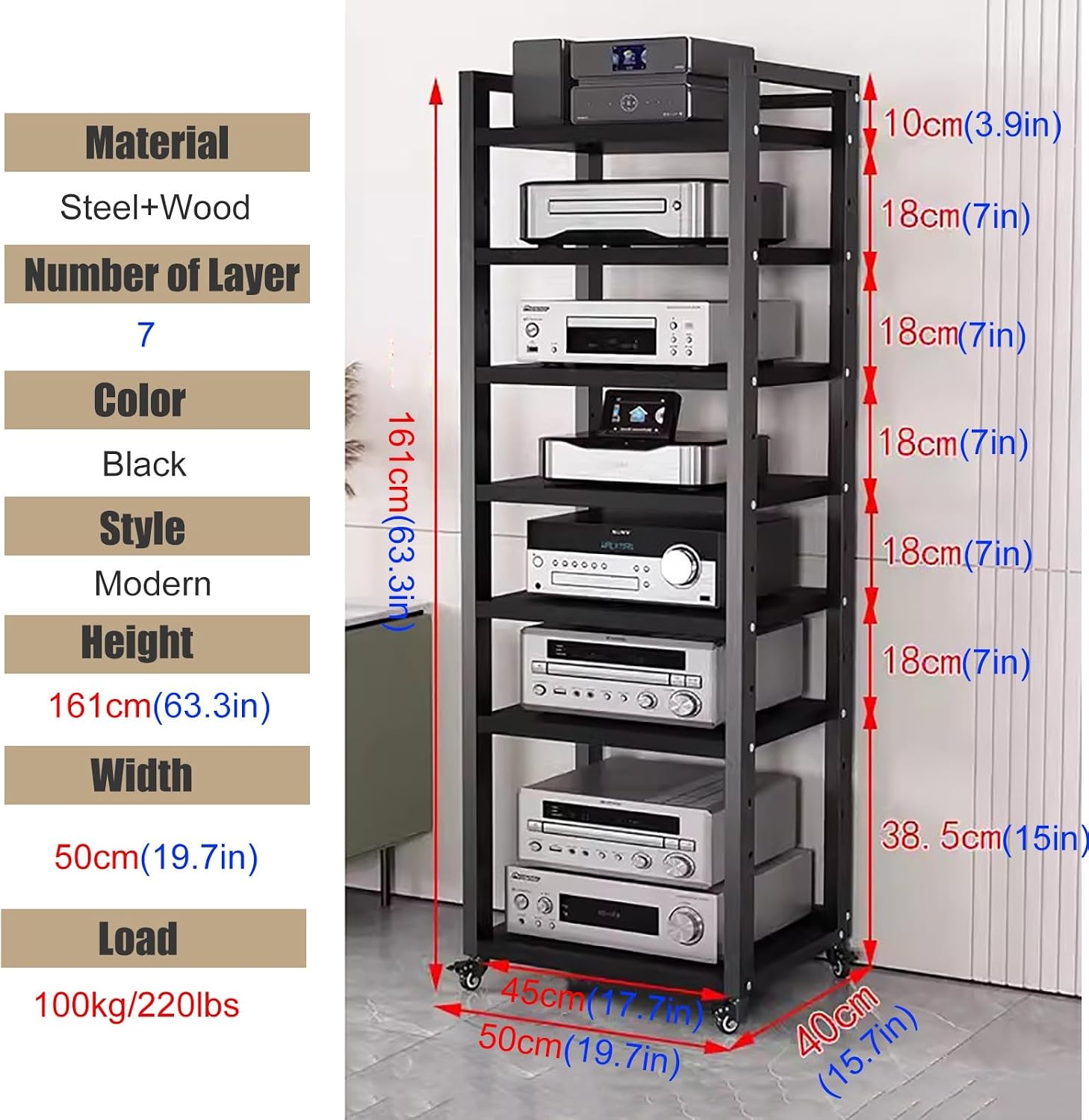 JYHHCYS Tall Stereo Racks and Stands on Wheels Media Storage Cabinet Rack, Black Modern Entertainment Stereo Components Stand, Audio Video Equipment Rack (Size : 7 tier-50cm Wide)