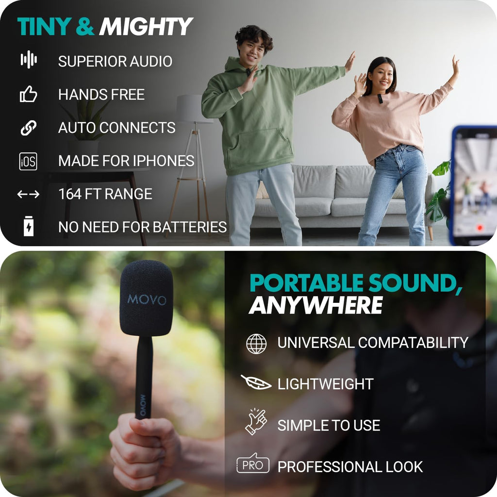 Movo WireL Mini DI-Duo Wireless Microphone for iPhone Podcast Equipment Bundle with WMX-HM Handle/Desktop Mic Stand - Wireless iPhone Mics for Podcasting, Interviews, and Content Creation