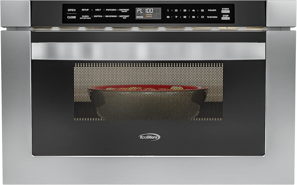 KoolMore 24 Inch Stainless-Steel Microwave Drawer with 1.2 cu. ft. Capacity, 1000W Power with 10 Custom Cooking Levels, Memory, and Timer Functions, Wall-Mounted with Flat Bottom (KM-MD-1SS)