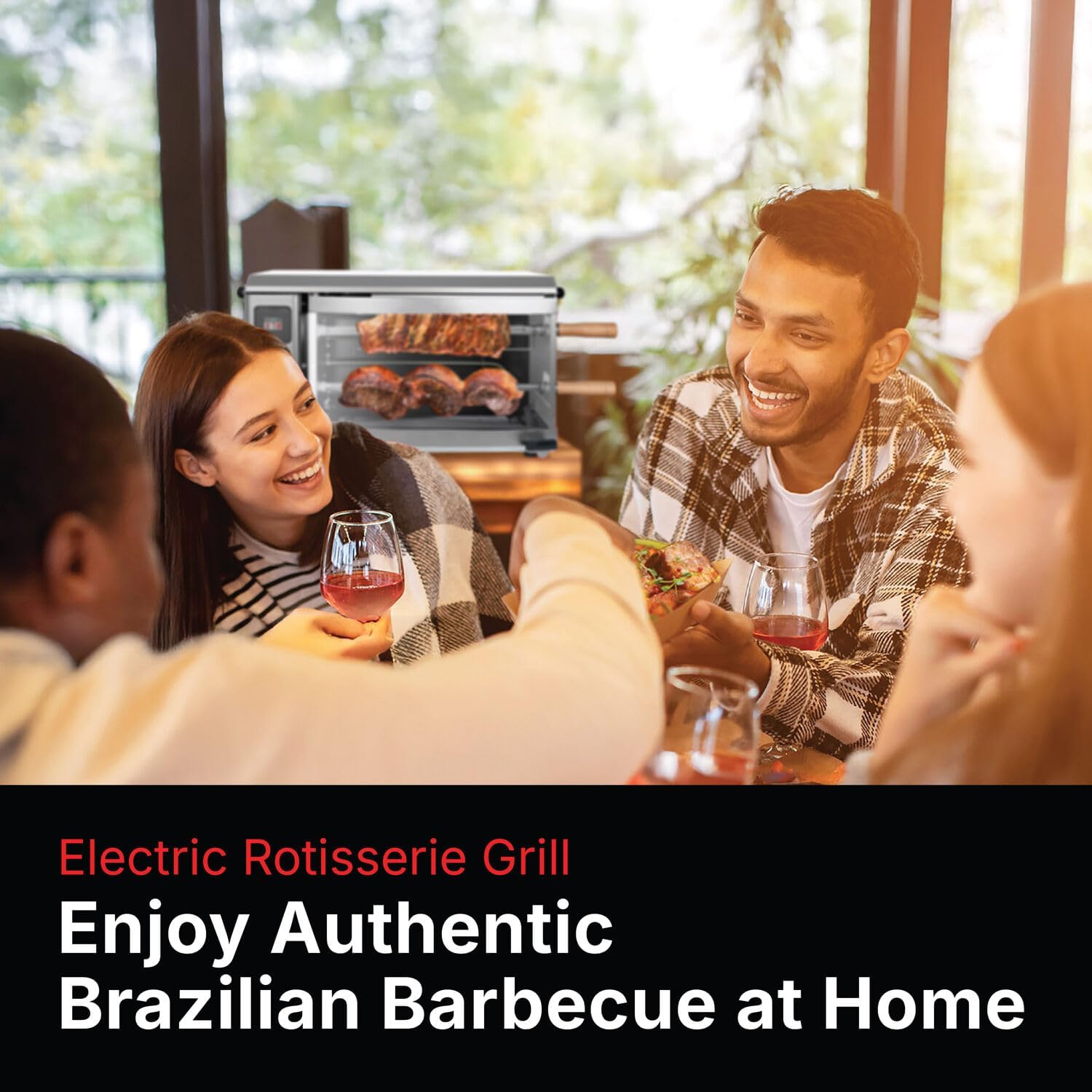 Brazilian Flame Indoor or Outdoor Rotisserie Grill Roaster with 2 Auto Rotating Skewers for Rotisserie Chicken, Steak, Fish, Brazilian Style BBQ, Electric Rotisserie Oven for Apartment or Home