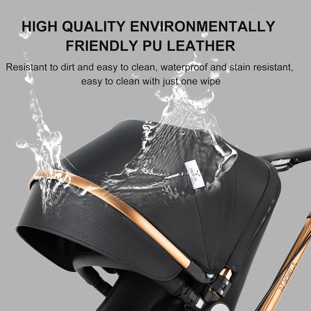 PU Leather 2 in 1 Baby Stroller with 360° Rotatable Seat, Reversible Portable Standard Baby Stroller Convertible Pushchair Infant Carriage Foldable High Landscape Pram Toddler Newborn (HR002-Black)