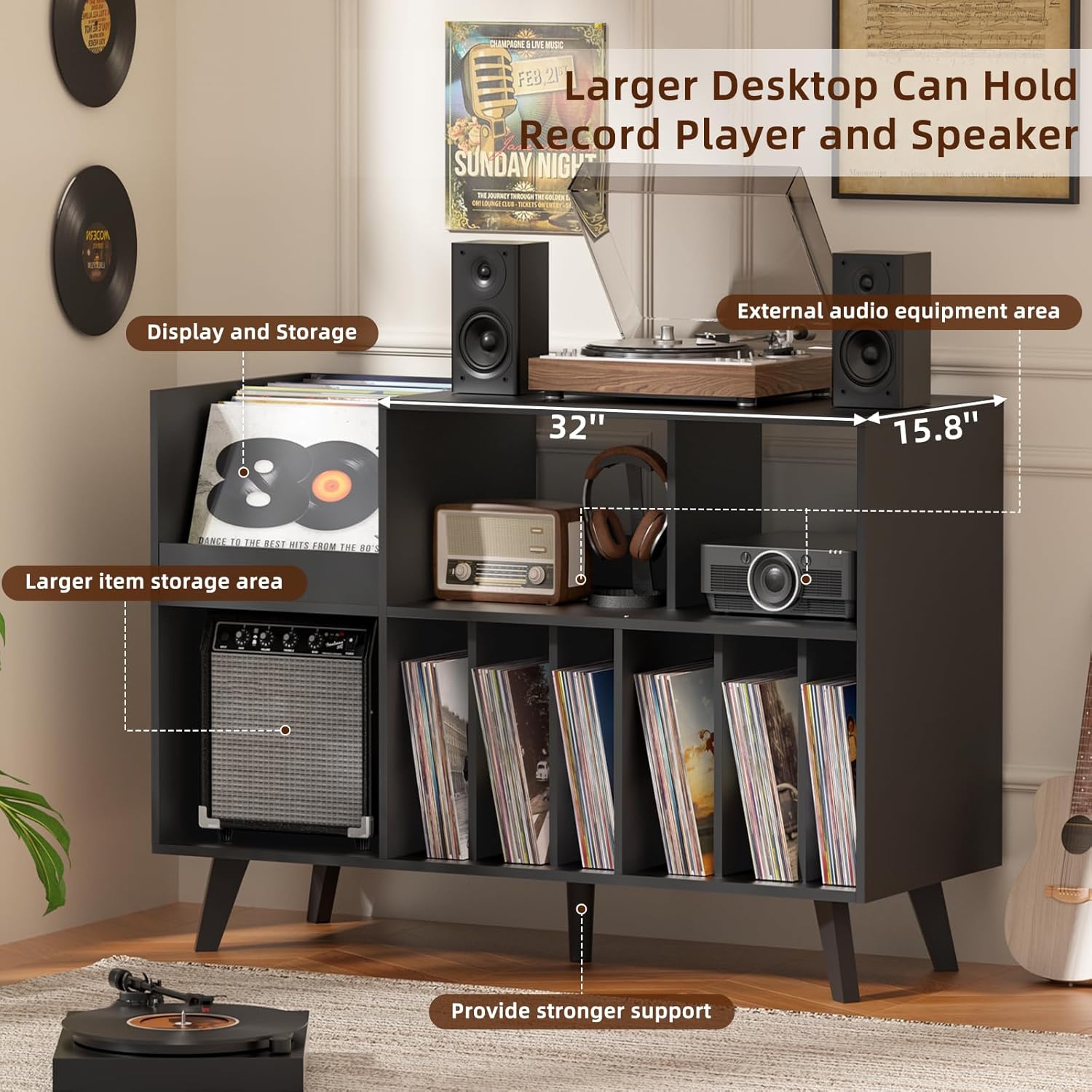 LELELINKY Large Record Player Stand, 48''Turntable Stand with Storage, Vinyl Record Holder with Display Area, Record Player Table Holds Up to 450 Albums, Record Stand for Music Room Living Room