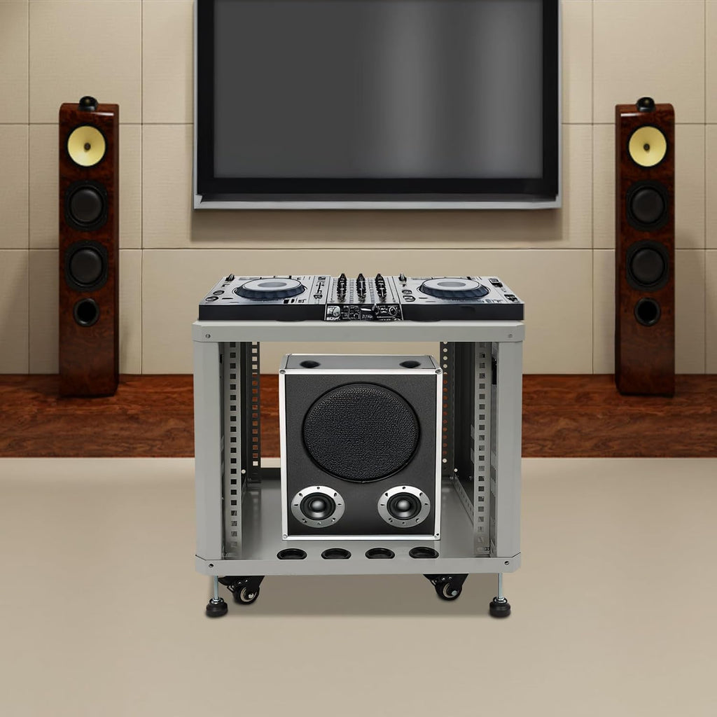 9U AV Rack with Wheels, Metal Studio Cabinet with Cable Ports, 19.8' x 22.4' x 18.3', Portable Home Studio Racks, Floor Standing Server Cabinet for Amplifiers, AV Equipment, Computers