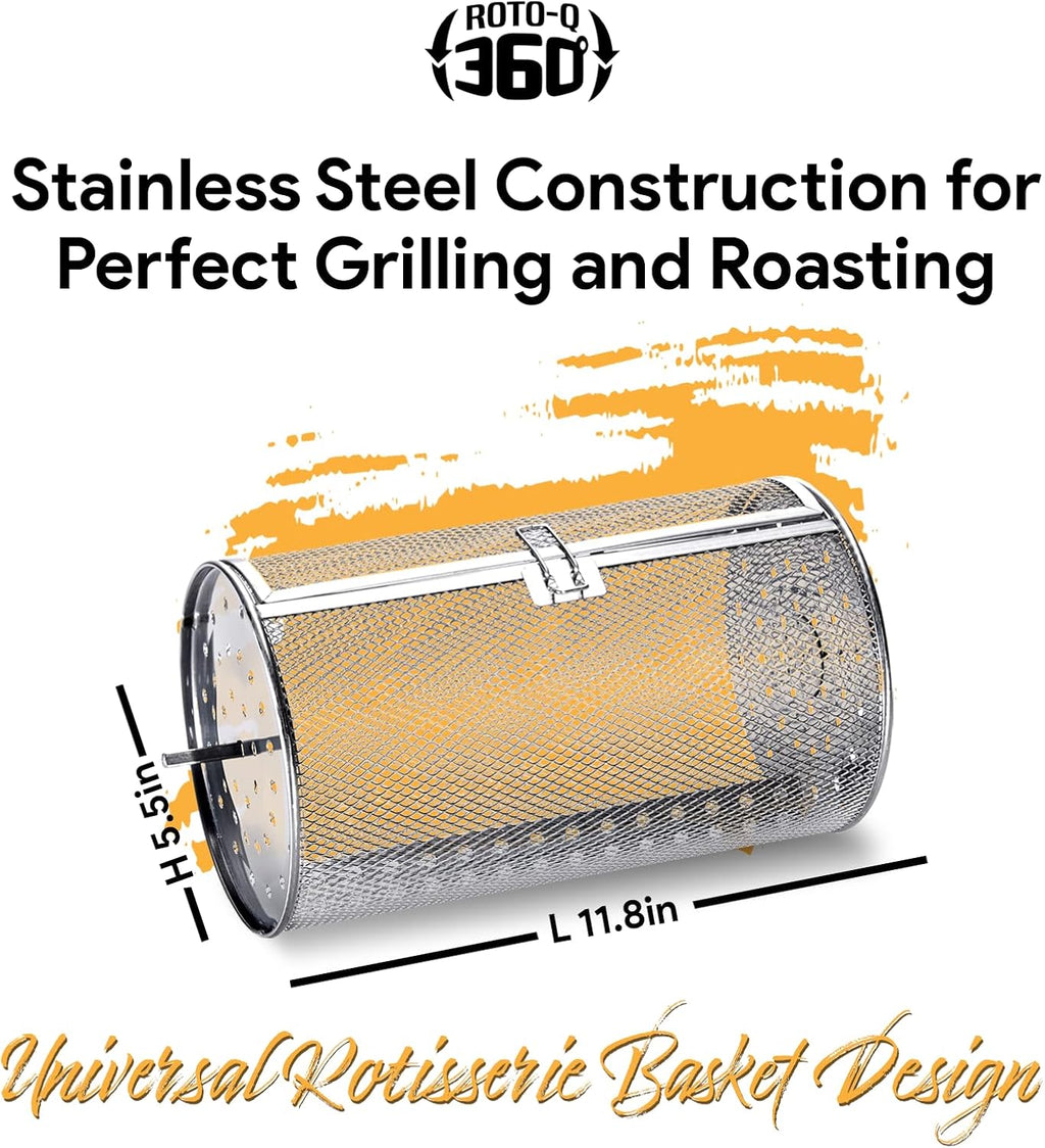 ROTO-Q 360 Cordless Rotisserie Kit w/Tumble Basket - Stainless Steel, Non-Electric - For Grills, Ovens, Smokers - Gas/Charcoal BBQ, Kamado Joe, Green Egg, Kettle - Indoor/Outdoor Use (Black)