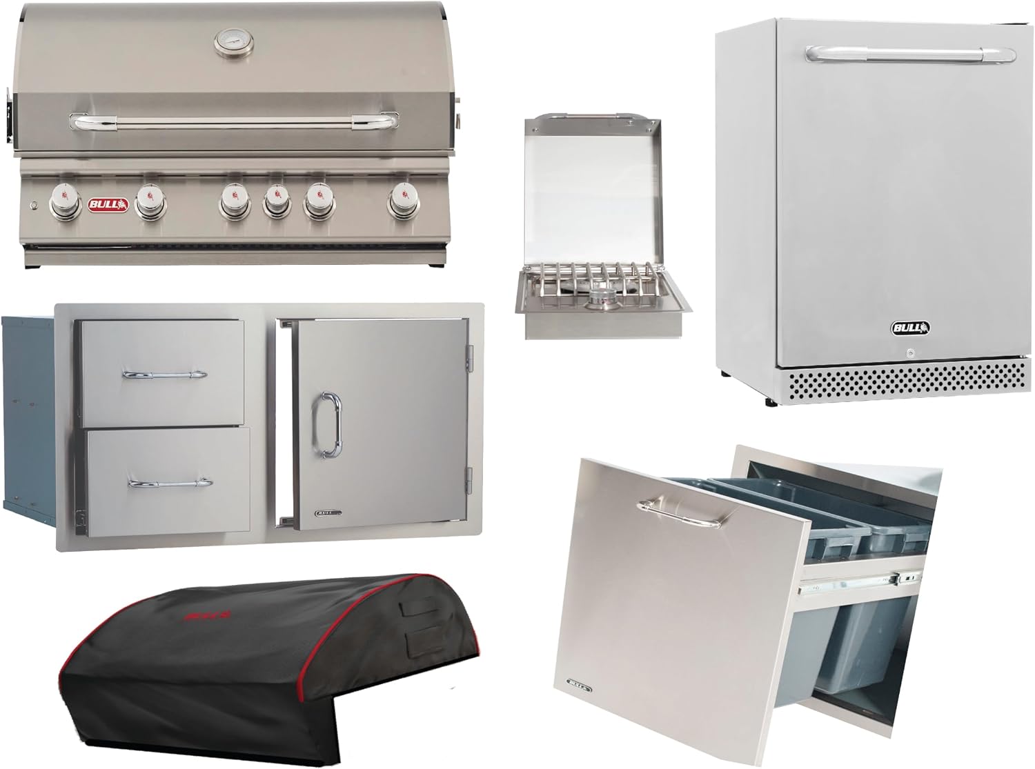 Bull Outdoor Products Complete Outdoor Kitchen Bundle – Brahma 90,000 BTU Built-In Grill Head, Grill Cover, Trash & Recycle Drawer, 38' Door/Drawer Combo, Glass Door & Contemporary Refrigerator – LP